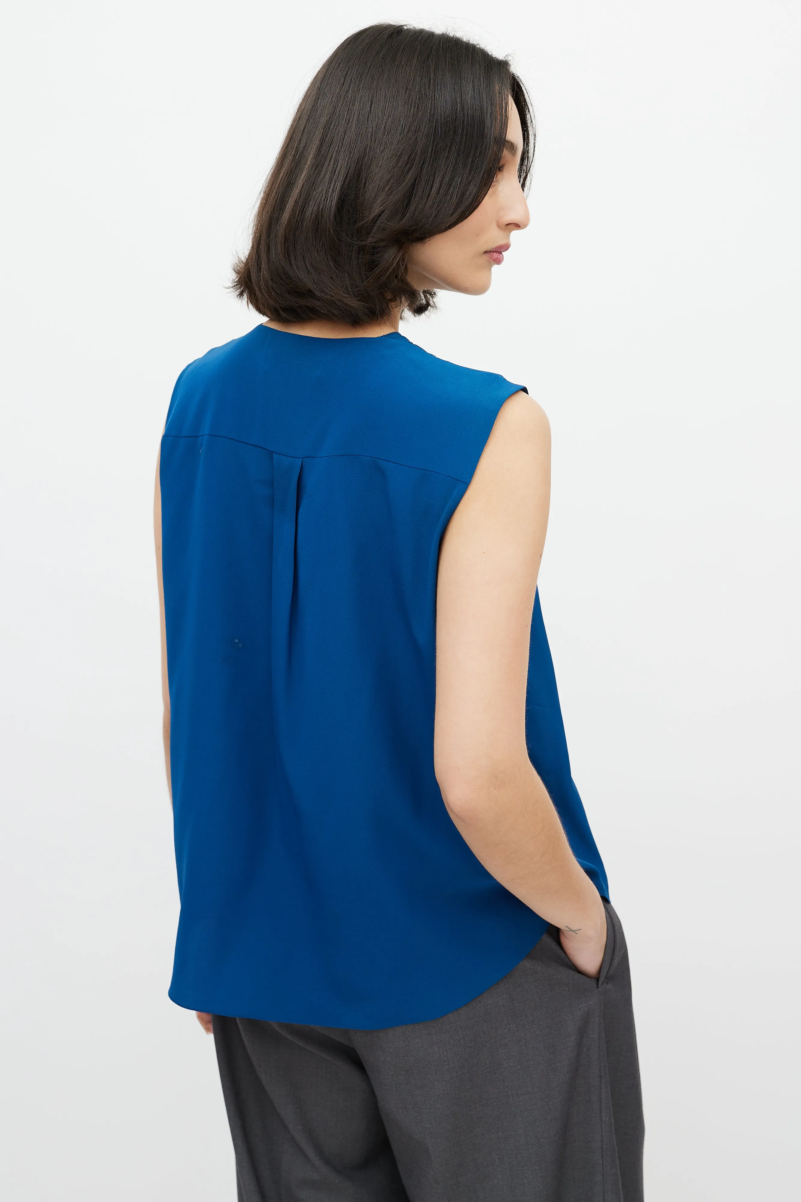 Blue V-neck Pleated Top