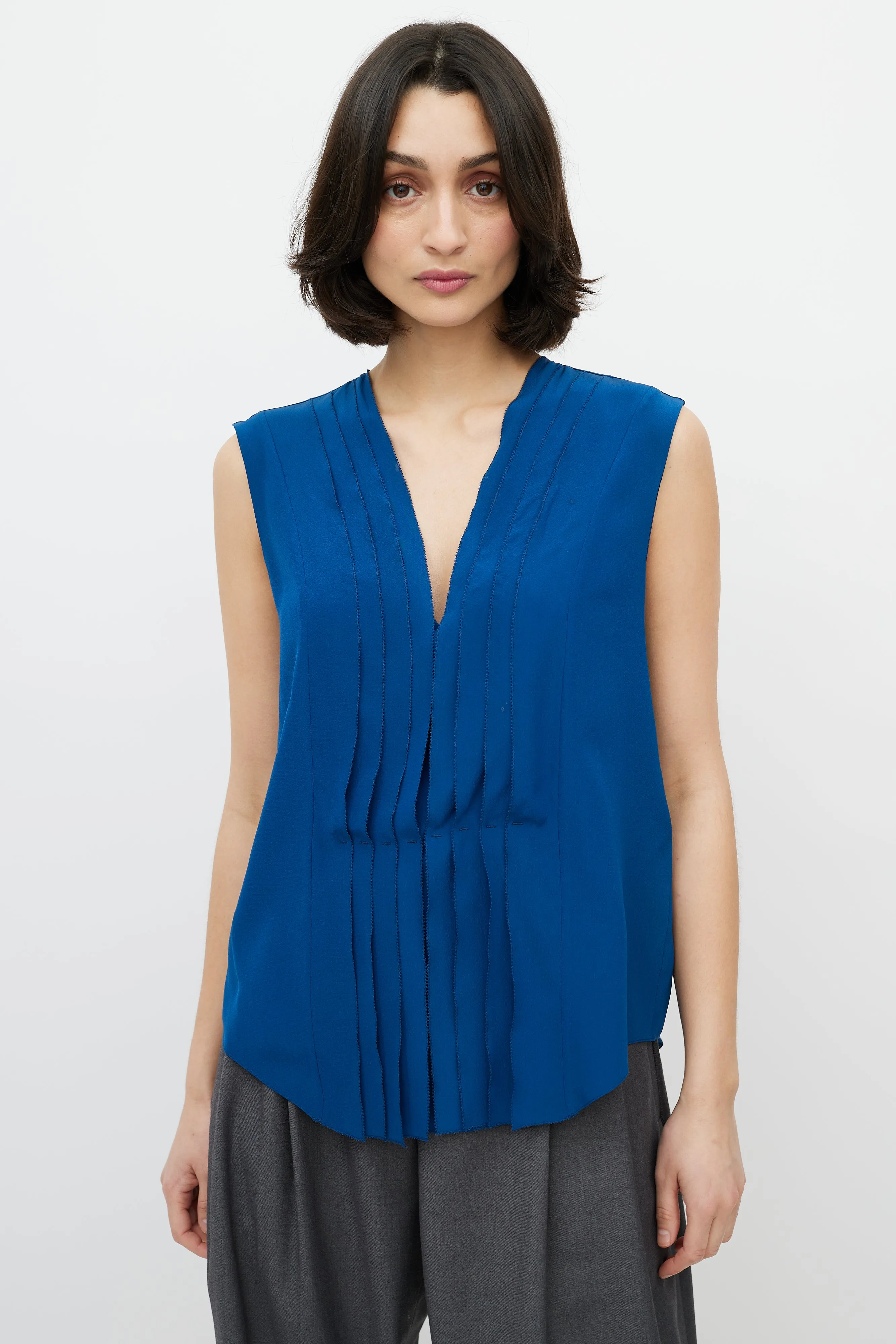 Blue V-neck Pleated Top