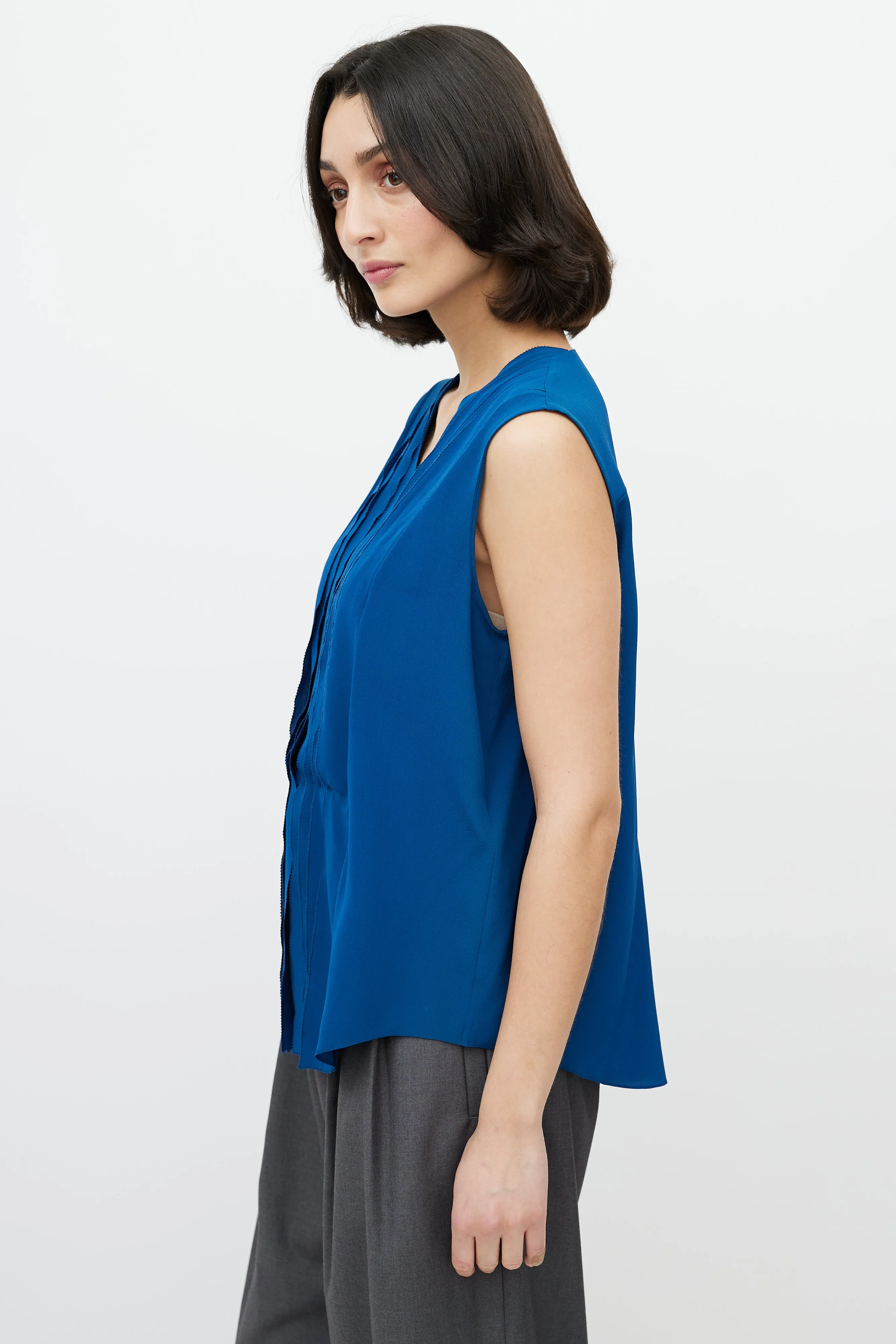Blue V-neck Pleated Top