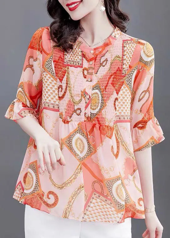 Bohemian Orange Stand Collar Print Patchwork Chiffon Blouses Flare Sleeve TP1010