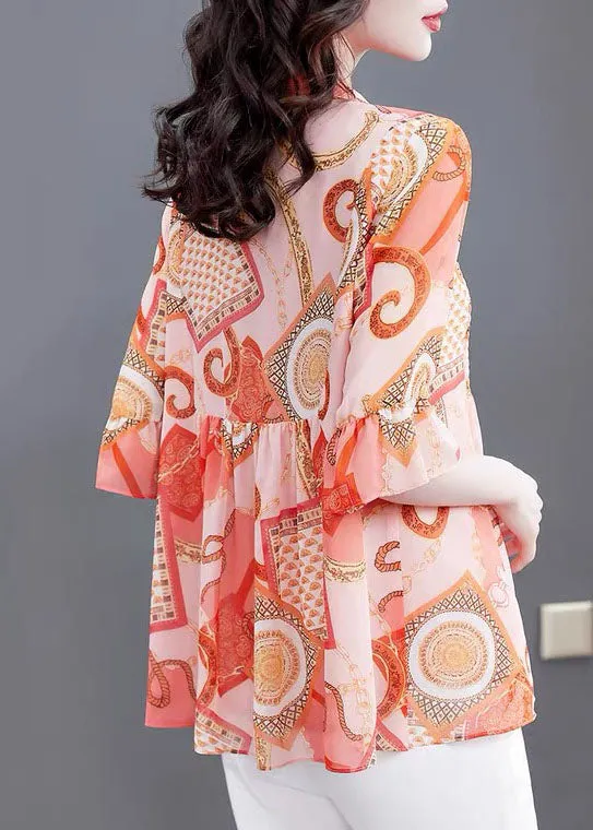 Bohemian Orange Stand Collar Print Patchwork Chiffon Blouses Flare Sleeve TP1010