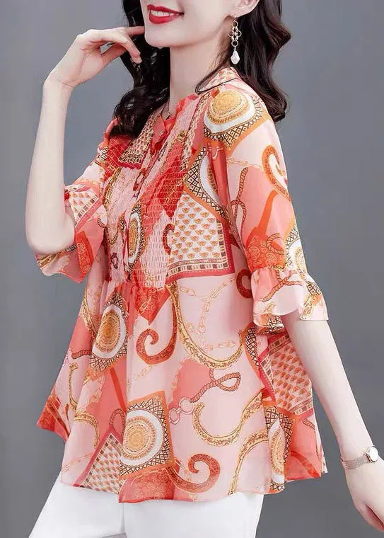 Bohemian Orange Stand Collar Print Patchwork Chiffon Blouses Flare Sleeve TP1010