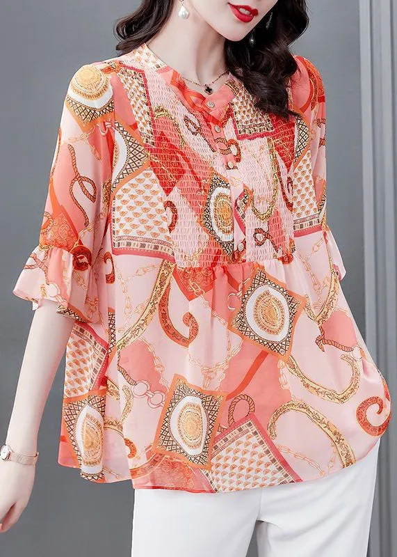 Bohemian Orange Stand Collar Print Patchwork Chiffon Blouses Flare Sleeve TP1010