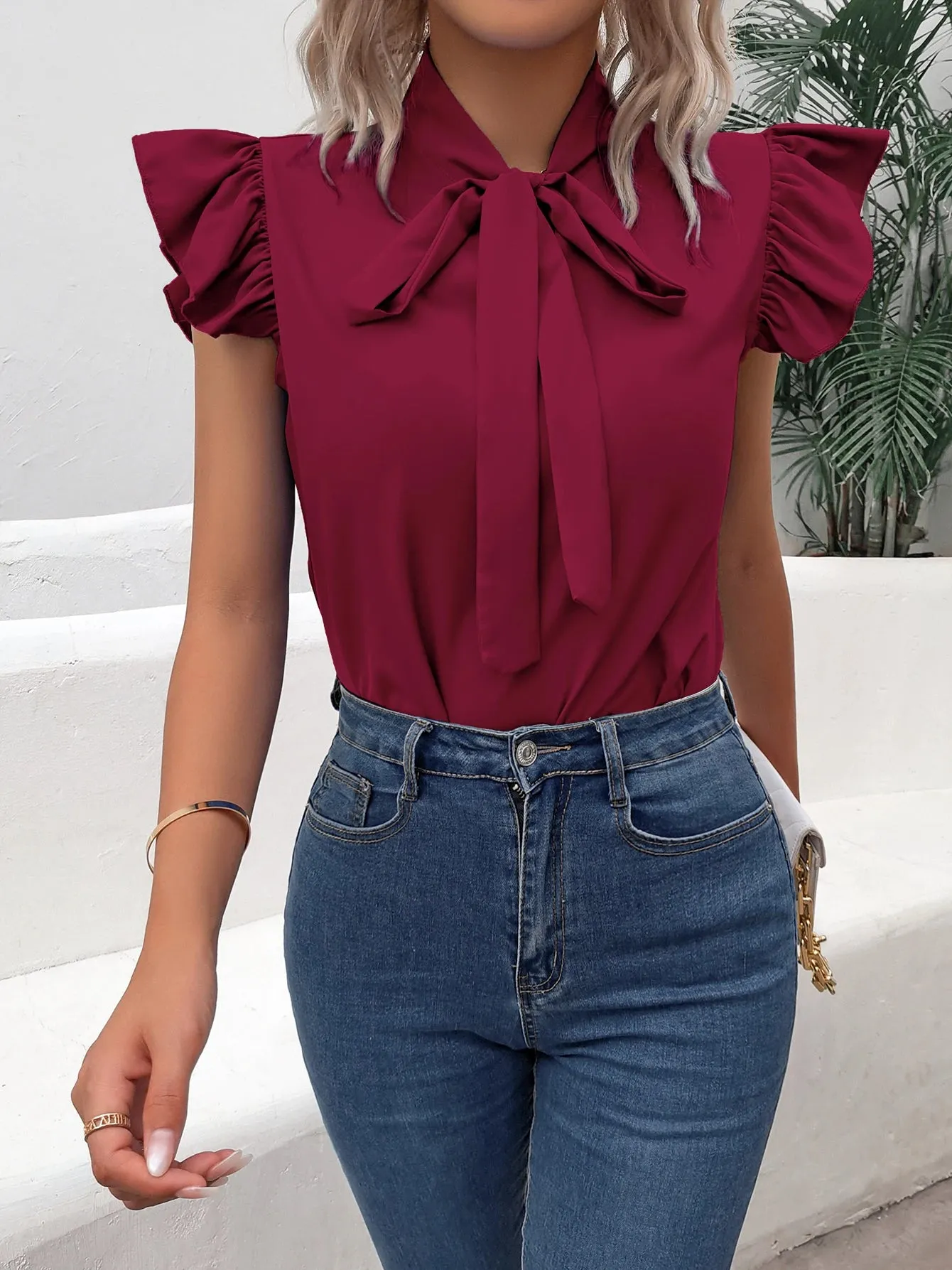 Casual Bow Tie Flutter Sleeve Solid Ruffle Trim Blouse