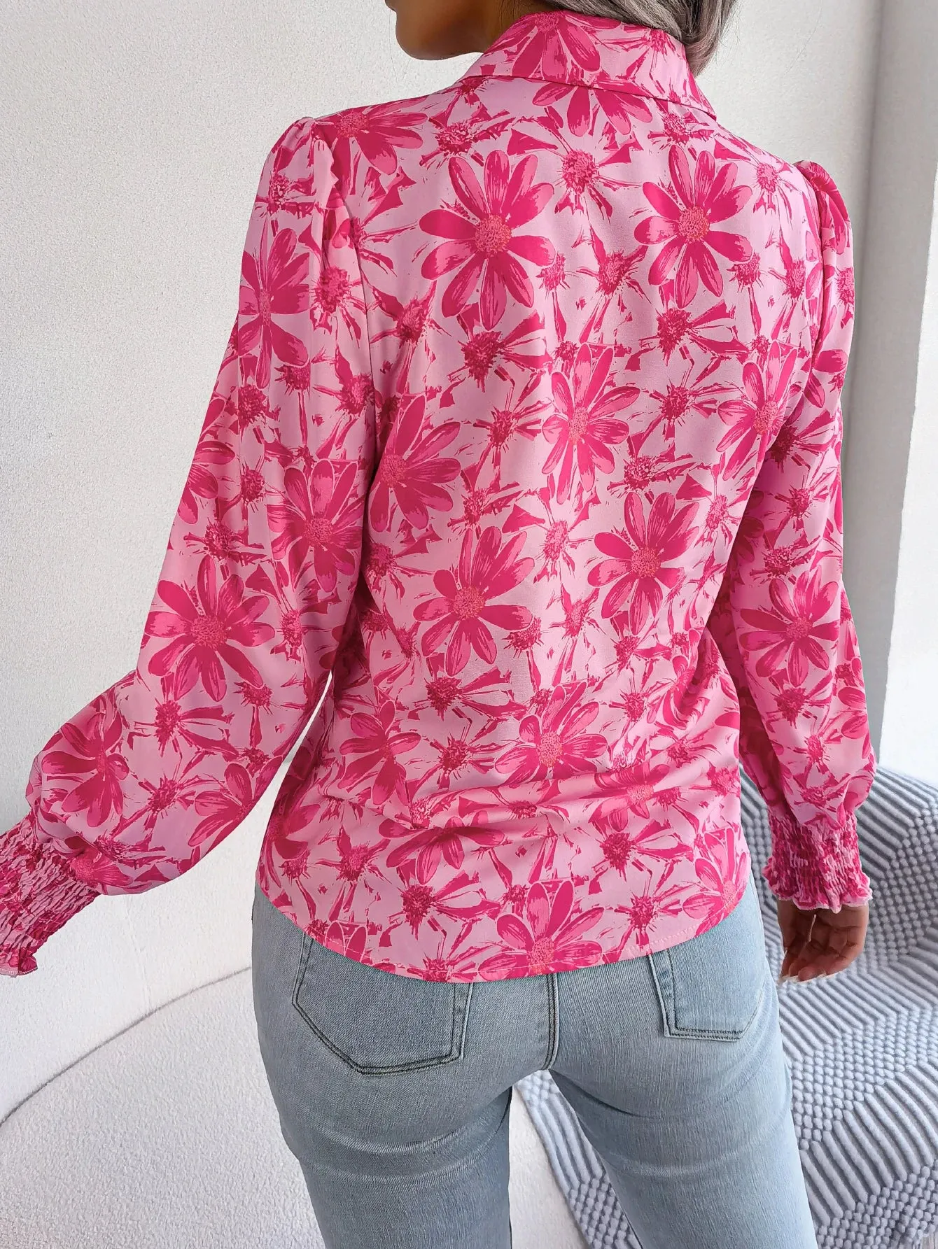 Casual Lapel Button Long Sleeve Flower Print Women's Blouse