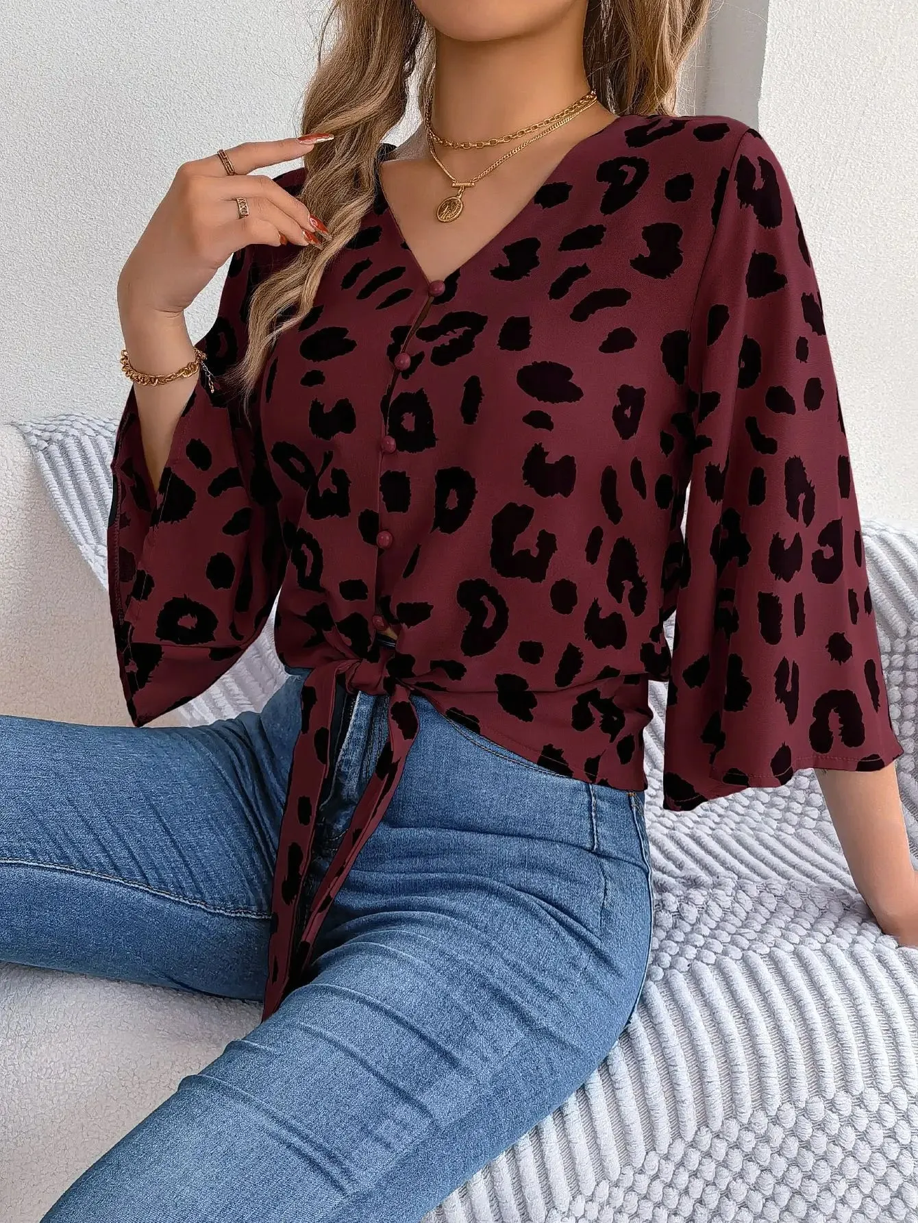 Casual V Neck 3/4 Sleeve Button Front Leopard Print Women's Blouse