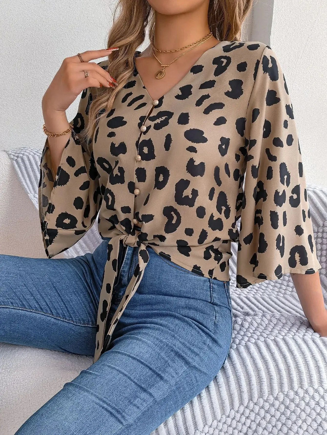 Casual V Neck 3/4 Sleeve Button Front Leopard Print Women's Blouse