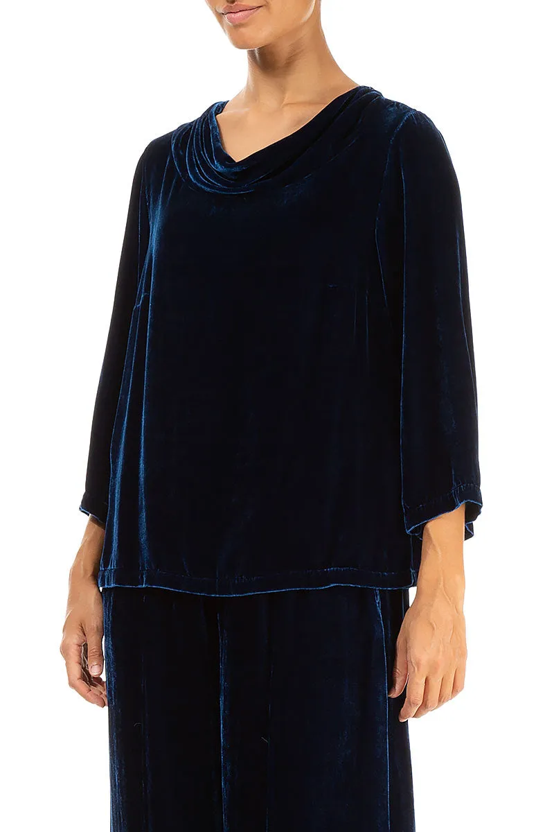Cowl Neck Azure Silk Velvet Blouse