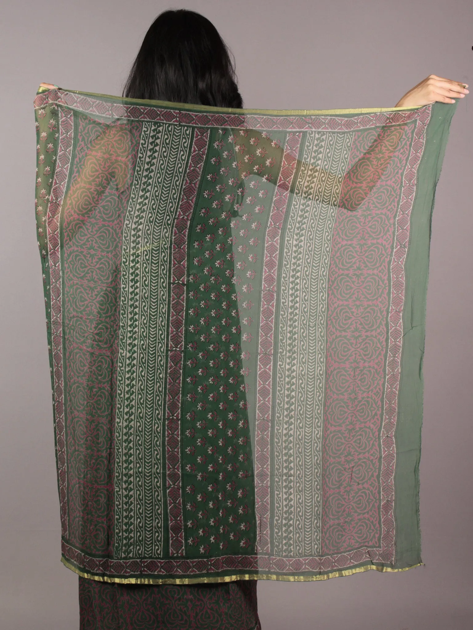 Dark Green Ivory Magenta Hand Block Printed Chiffon Saree - S031701837
