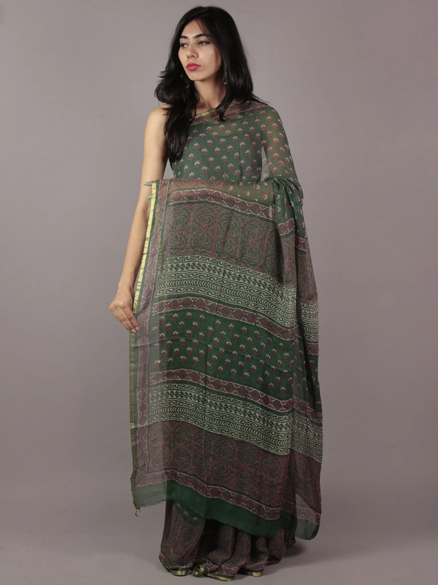Dark Green Ivory Magenta Hand Block Printed Chiffon Saree - S031701837