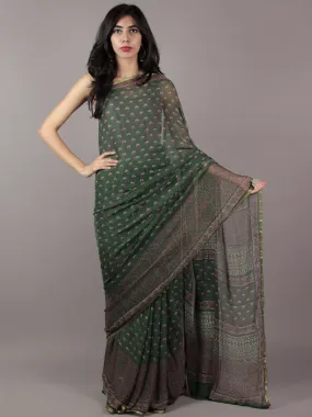 Dark Green Ivory Magenta Hand Block Printed Chiffon Saree - S031701837
