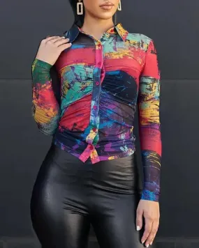 Deanwangkt - Abstract Print Button-Down Long Sleeve Top