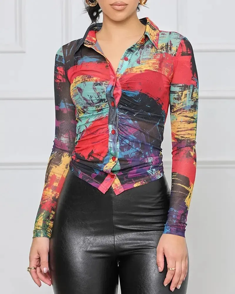 Deanwangkt - Abstract Print Button-Down Long Sleeve Top