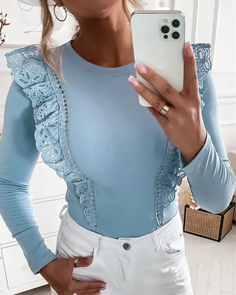 Deanwangkt - Eyelet Embroidered Long Sleeve Top with Ruffle Hem