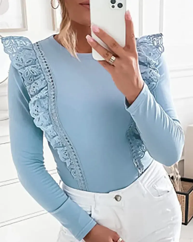 Deanwangkt - Eyelet Embroidered Long Sleeve Top with Ruffle Hem