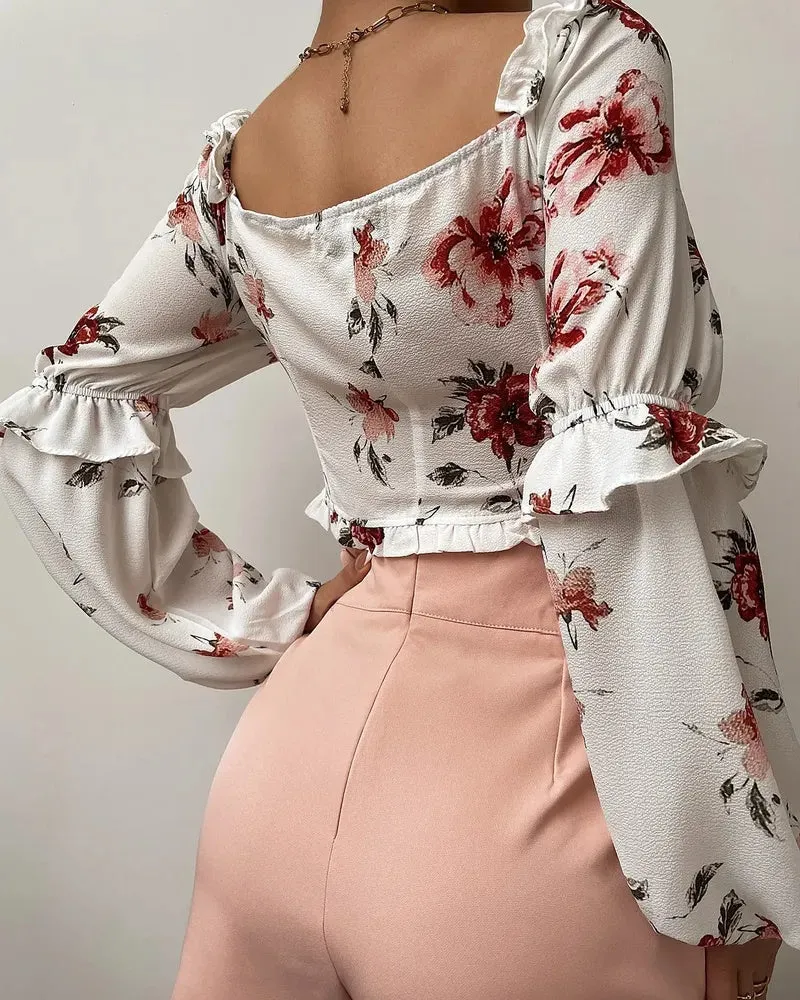 Deanwangkt - Floral Print Ruffle Hem Long Sleeve Crop Top