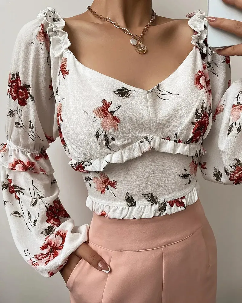 Deanwangkt - Floral Print Ruffle Hem Long Sleeve Crop Top