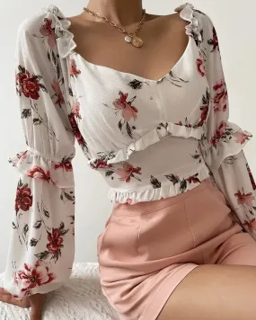 Deanwangkt - Floral Print Ruffle Hem Long Sleeve Crop Top