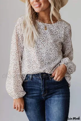 Deanwangkt - Leopard Long Sleeve Round Neck Blouse