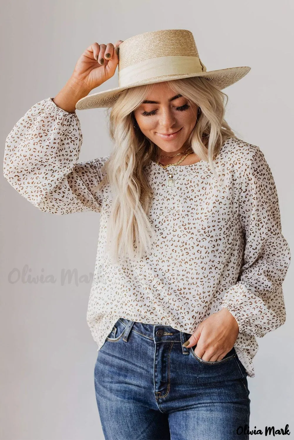 Deanwangkt - Leopard Long Sleeve Round Neck Blouse