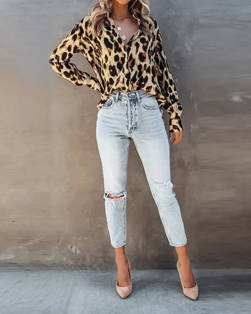 Deanwangkt - Leopard Print Long Sleeve Button Down Shirt