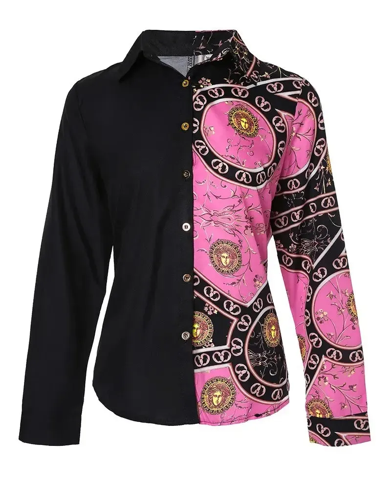 Deanwangkt - Scarf Print Color Block Long Sleeve Button Up Top