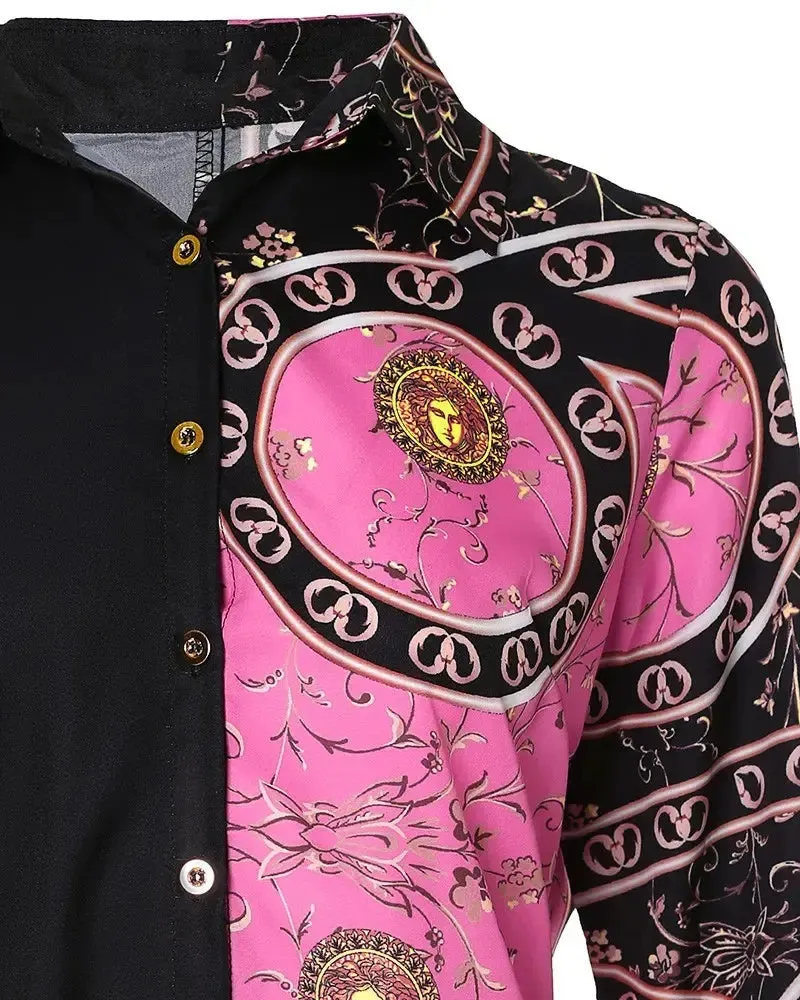 Deanwangkt - Scarf Print Color Block Long Sleeve Button Up Top