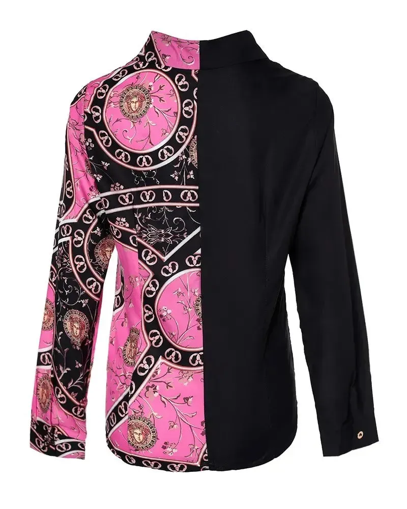 Deanwangkt - Scarf Print Color Block Long Sleeve Button Up Top