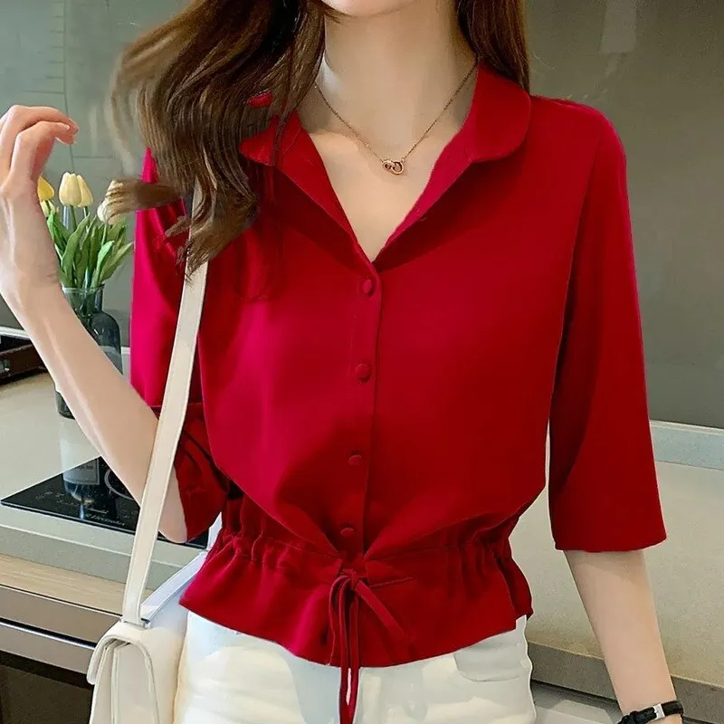 deanwangkt Solid Turn-down Collar Half Sleeve Chiffon Shirt Fashion Casual Shirring Single-breasted Blouses Female 1109-1