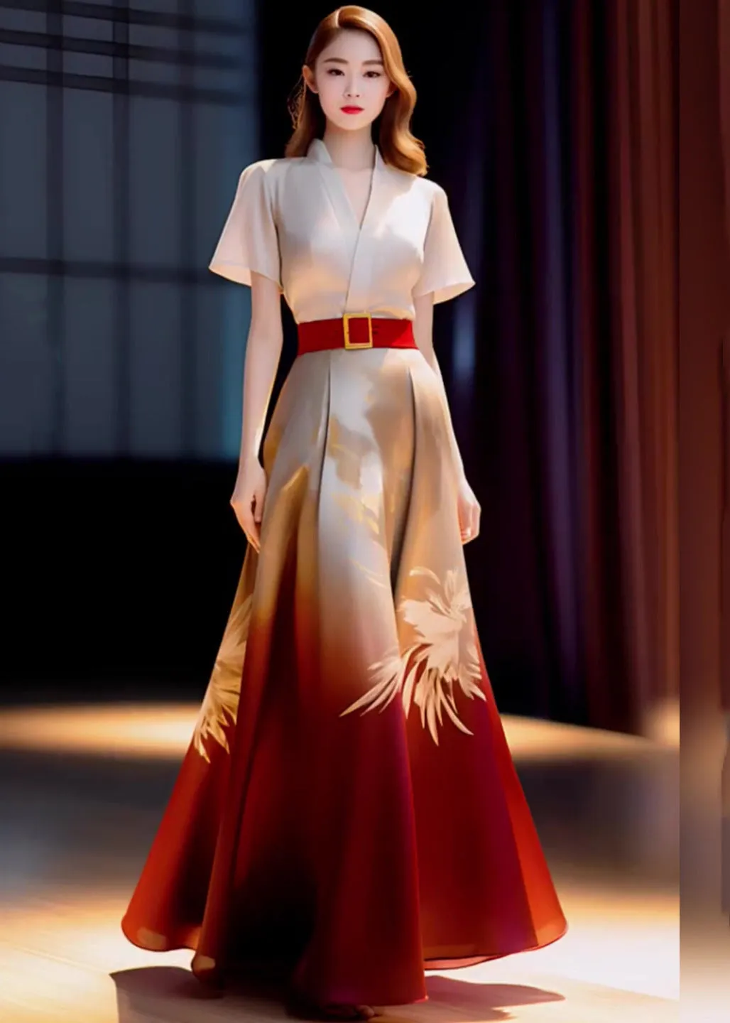 Elegant Beige Blouses And Red Skirts Patchwork Silk Sets 2 Pieces Summer ML1597
