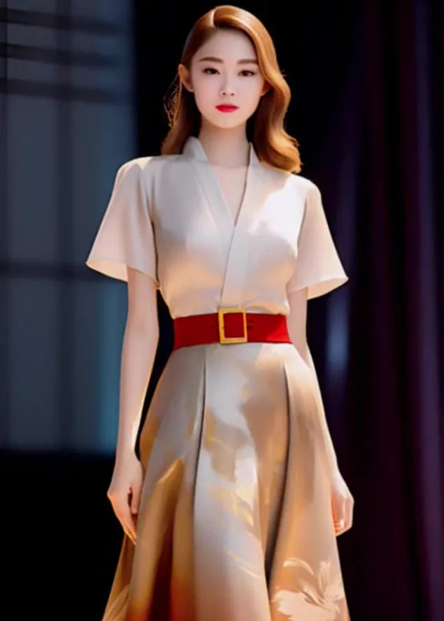 Elegant Beige Blouses And Red Skirts Patchwork Silk Sets 2 Pieces Summer ML1597