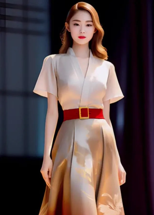 Elegant Beige Blouses And Red Skirts Patchwork Silk Sets 2 Pieces Summer ML1597