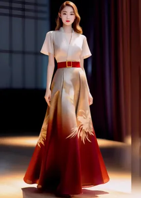 Elegant Beige Blouses And Red Skirts Patchwork Silk Sets 2 Pieces Summer ML1597