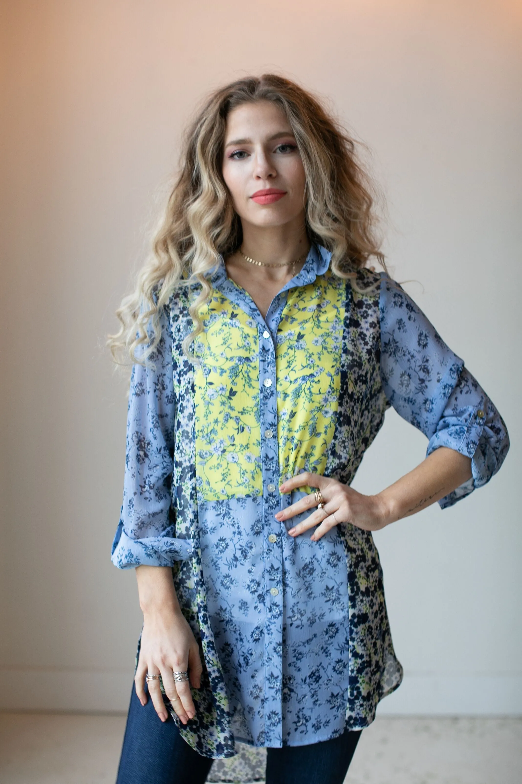 Floral Button Front Mixed Media Blouse