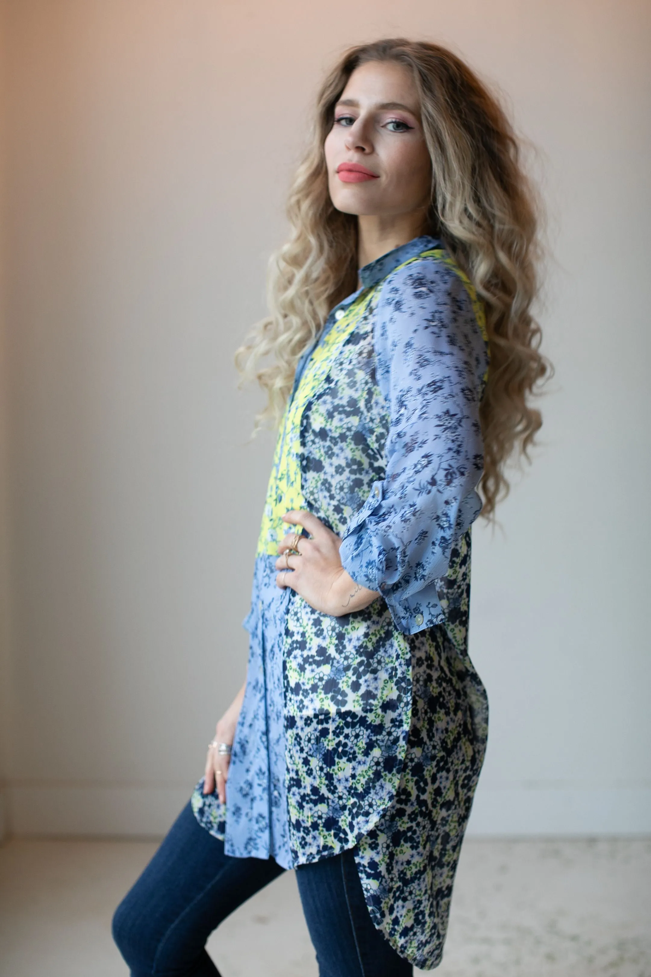 Floral Button Front Mixed Media Blouse