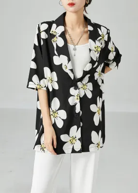 French Black Peter Pan Collar Print Silk Blouses Short Sleeve LY2472