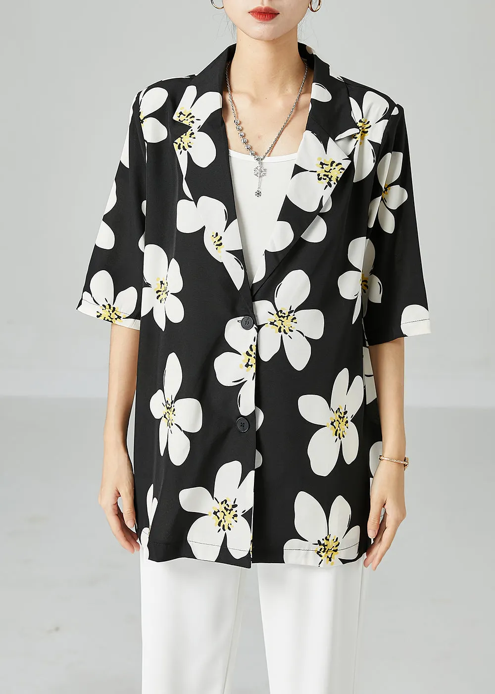 French Black Peter Pan Collar Print Silk Blouses Short Sleeve LY2472