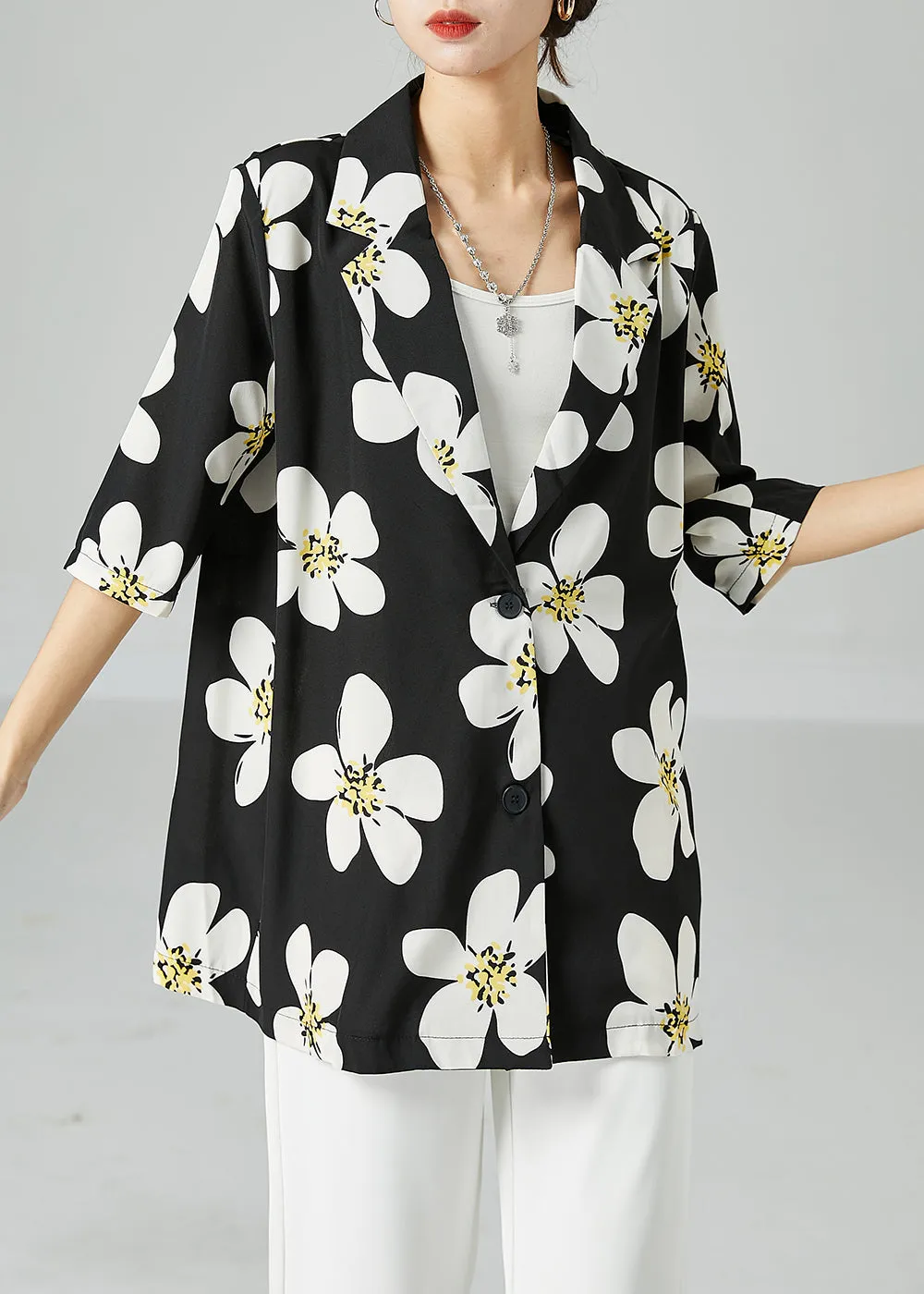 French Black Peter Pan Collar Print Silk Blouses Short Sleeve LY2472