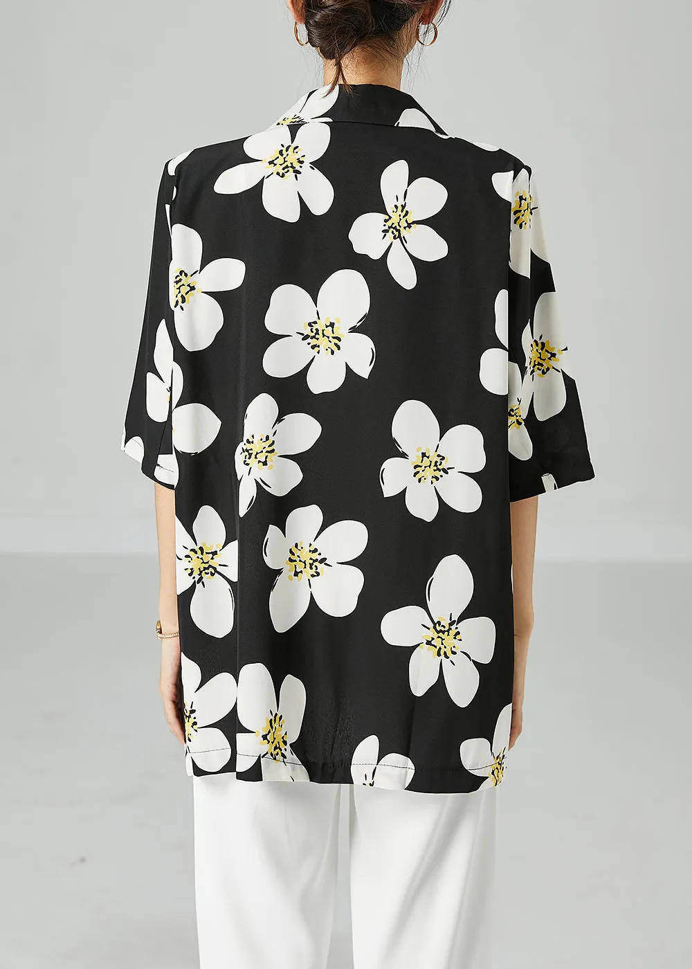 French Black Peter Pan Collar Print Silk Blouses Short Sleeve LY2472