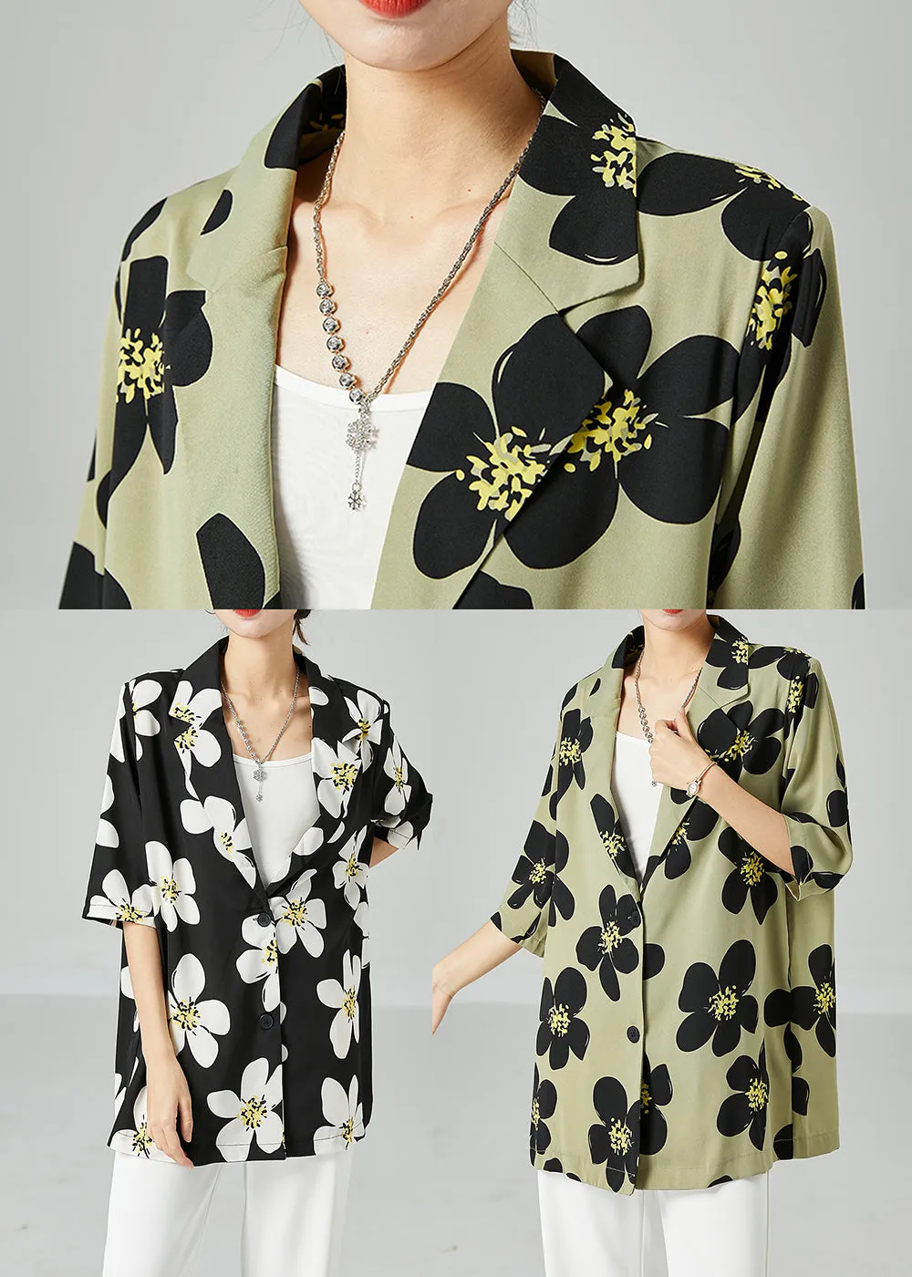 French Black Peter Pan Collar Print Silk Blouses Short Sleeve LY2472