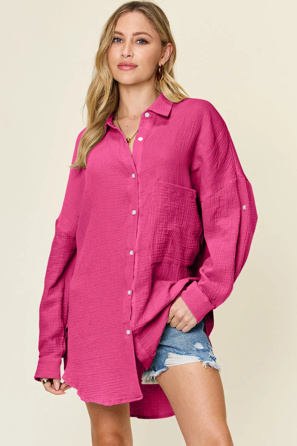 Full Size Pocketed Texture Button Up Shirt