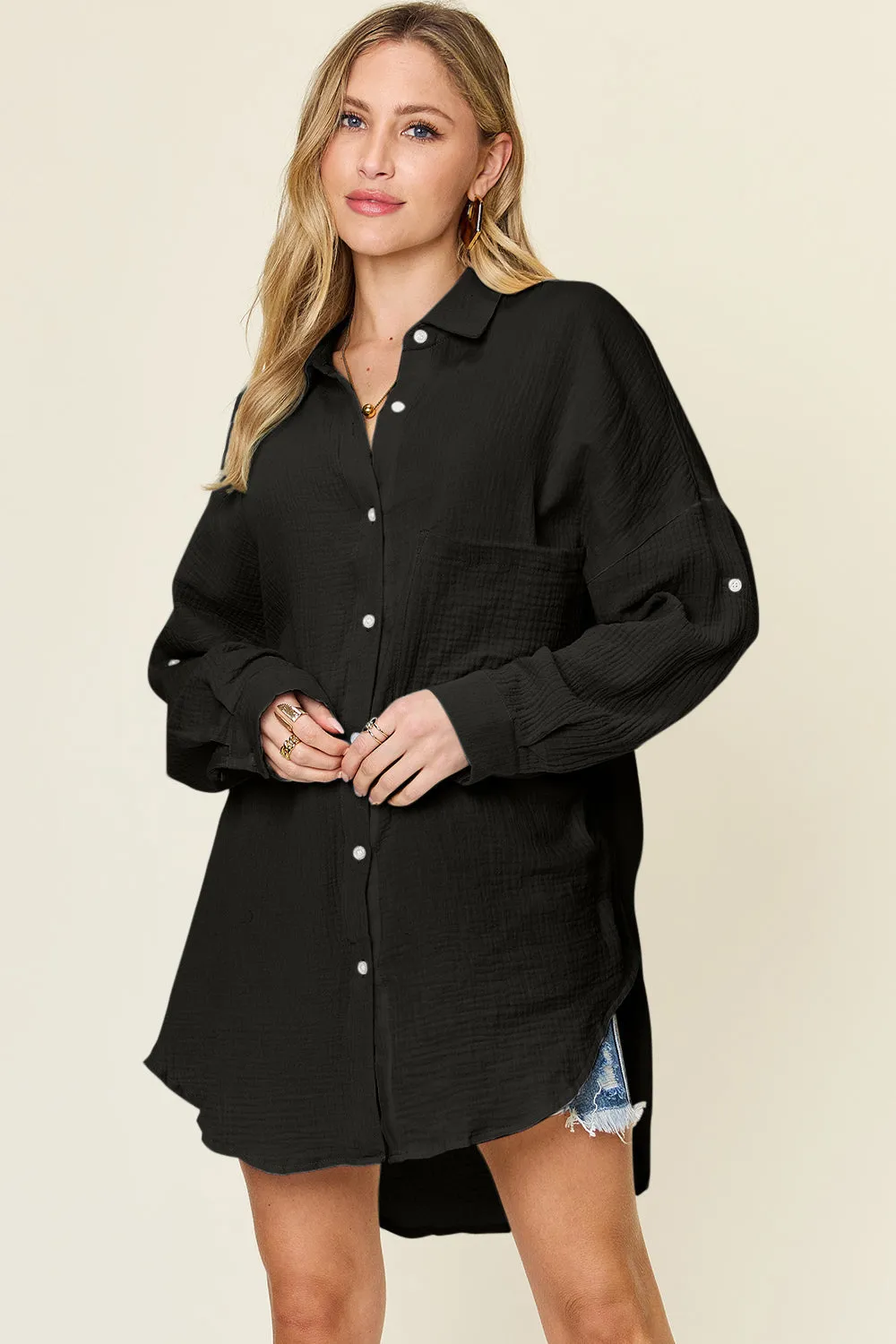 Full Size Pocketed Texture Button Up Shirt
