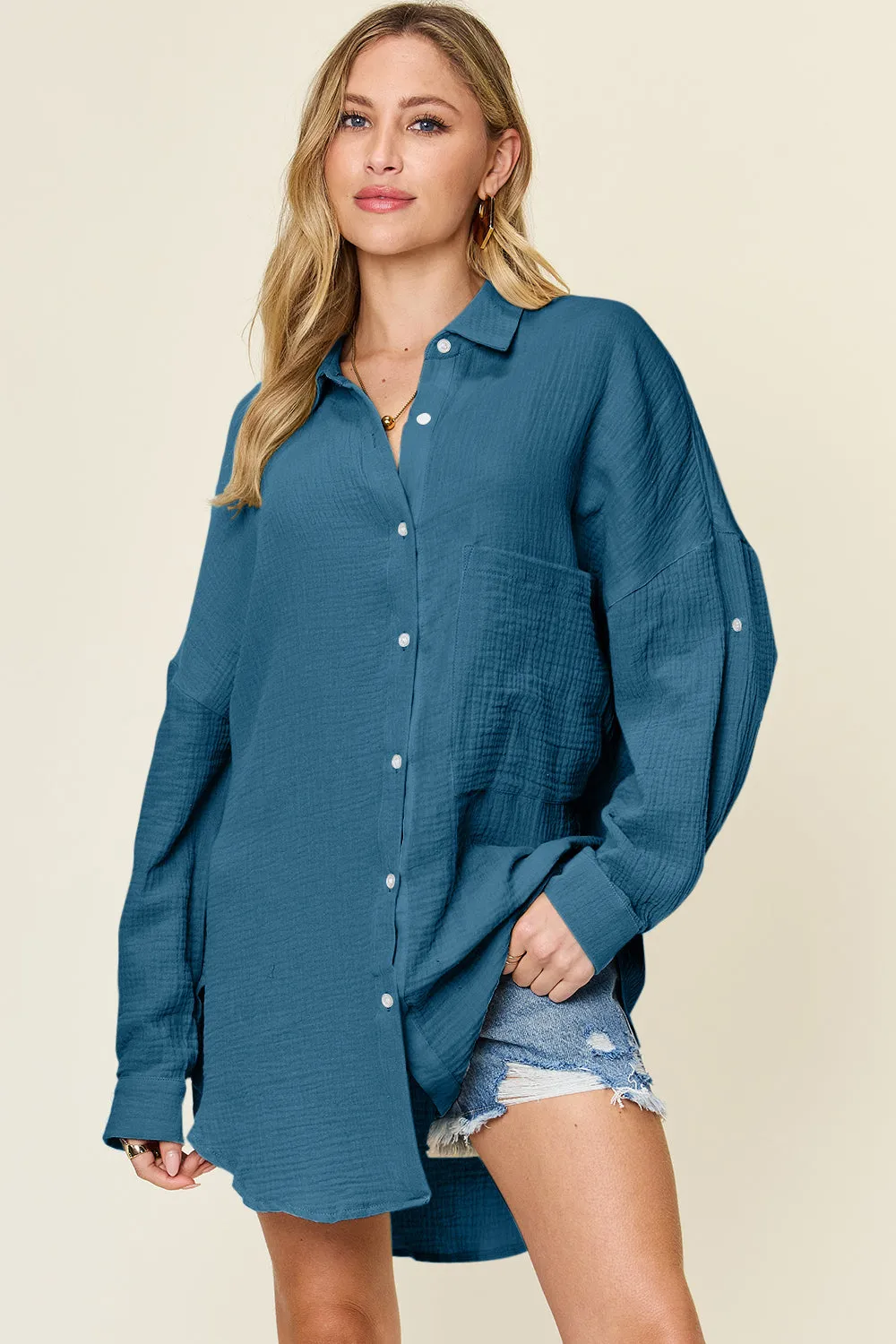 Full Size Pocketed Texture Button Up Shirt