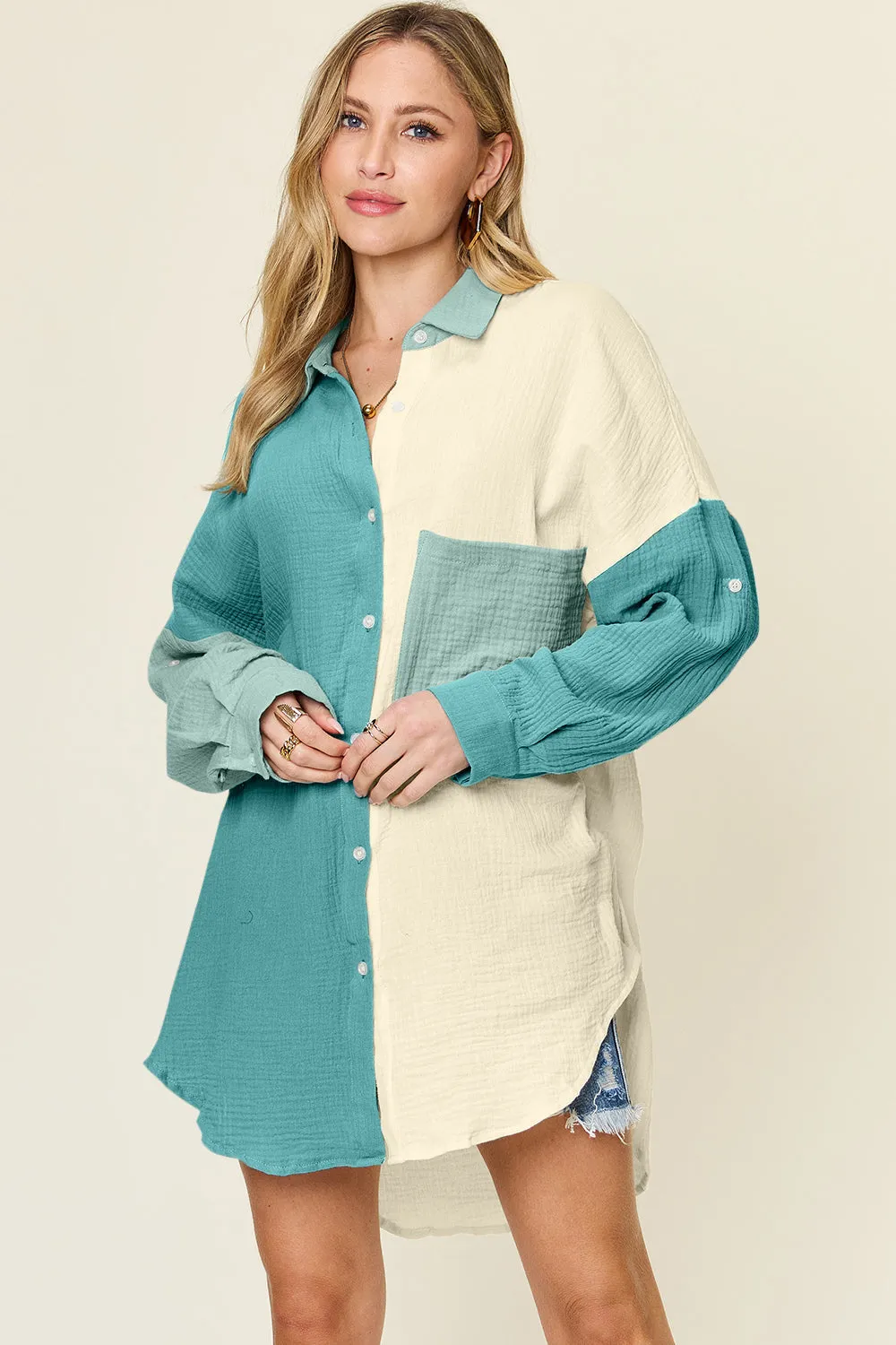 Full Size Pocketed Texture Button Up Shirt