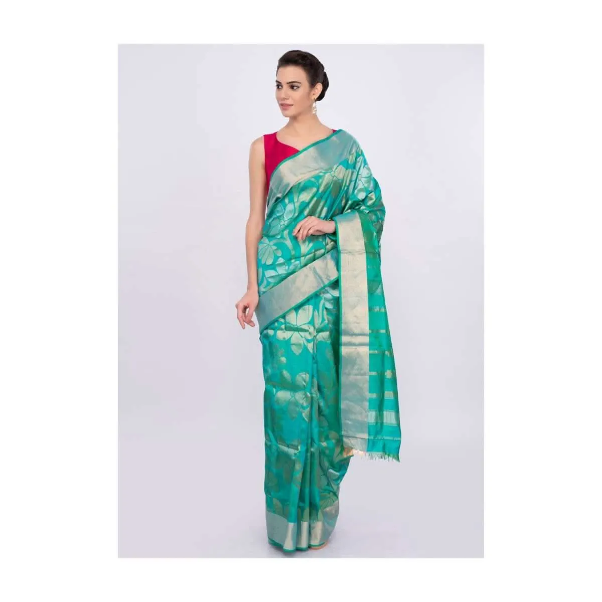 Green and blue color brocade saree only on Kalki