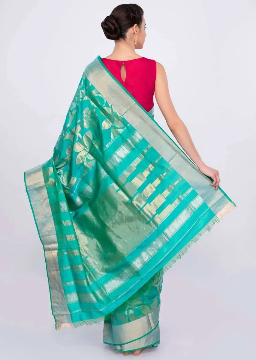 Green and blue color brocade saree only on Kalki