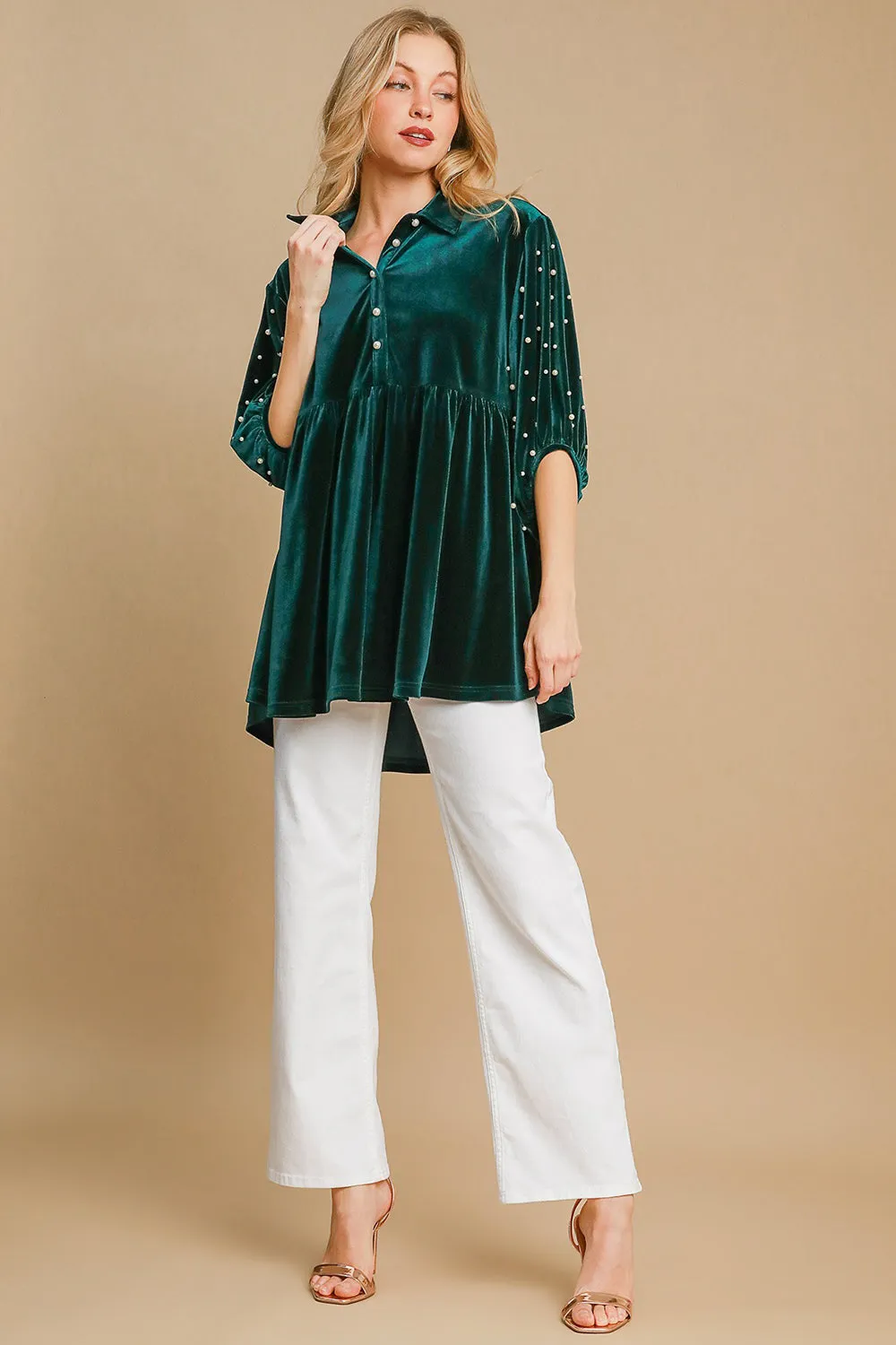 Hunter Green Pearl Detail Half Sleeve Velvet Babydoll Blouse