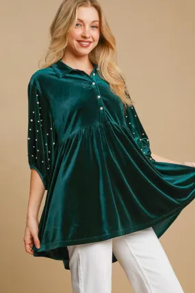 Hunter Green Pearl Detail Half Sleeve Velvet Babydoll Blouse