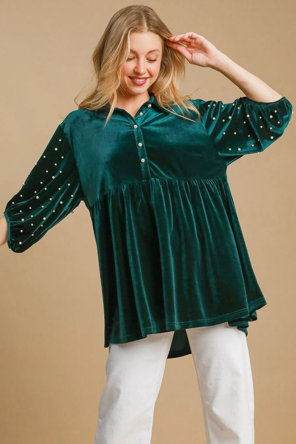 Hunter Green Pearl Detail Half Sleeve Velvet Babydoll Blouse