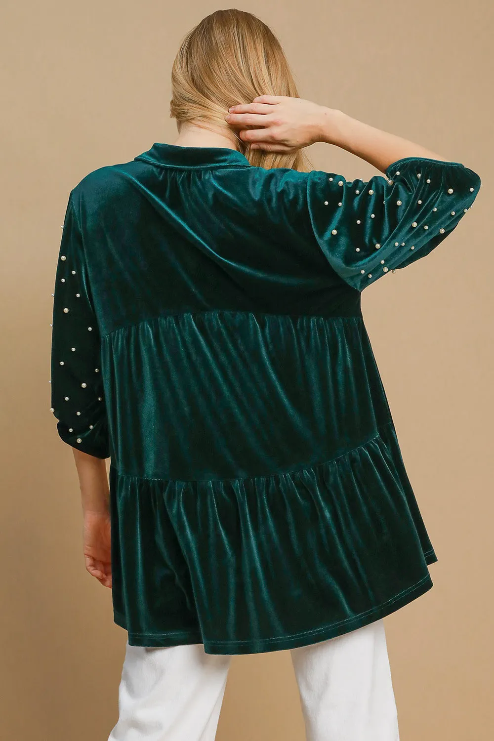 Hunter Green Pearl Detail Half Sleeve Velvet Babydoll Blouse